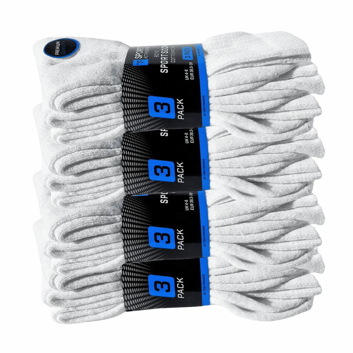 4 Packs of white boys sports socks with '3 Pack' labels on a white background 