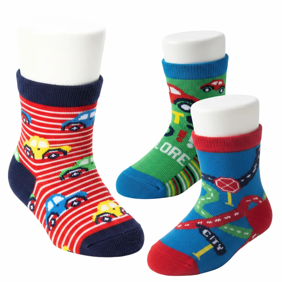 Three colorful children's socks with vehicle patterns on a white background