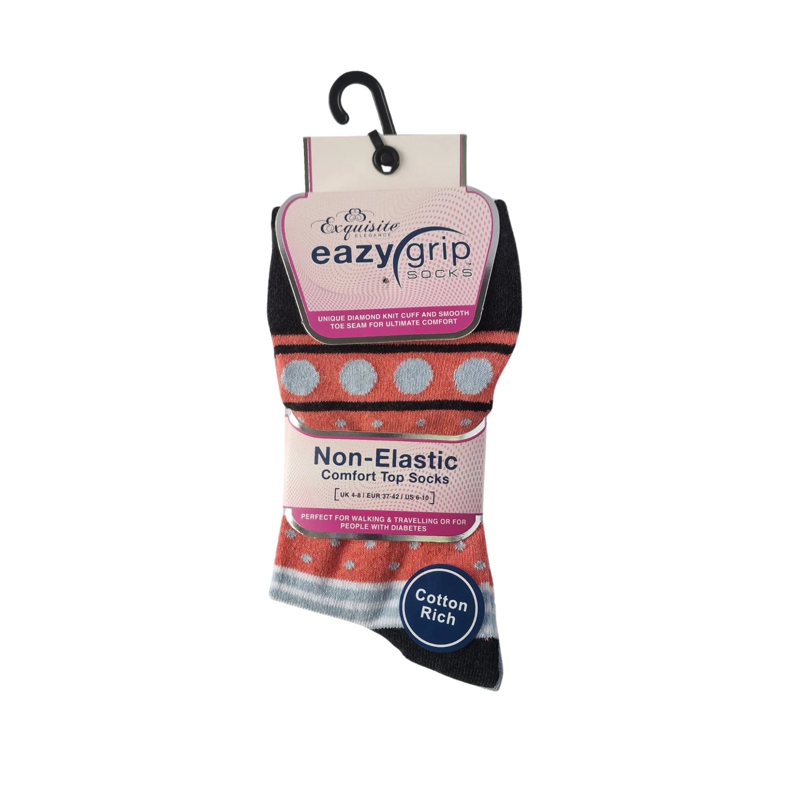 Women's diabetic Eazygrip non-elastic comfort socks, gentle on sensitive legs and circulation, 3-pack with dots and stripes