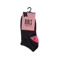 Girls' black trainer socks with colourful heel and toe accents in pink, purple and mint green, breathable fabric