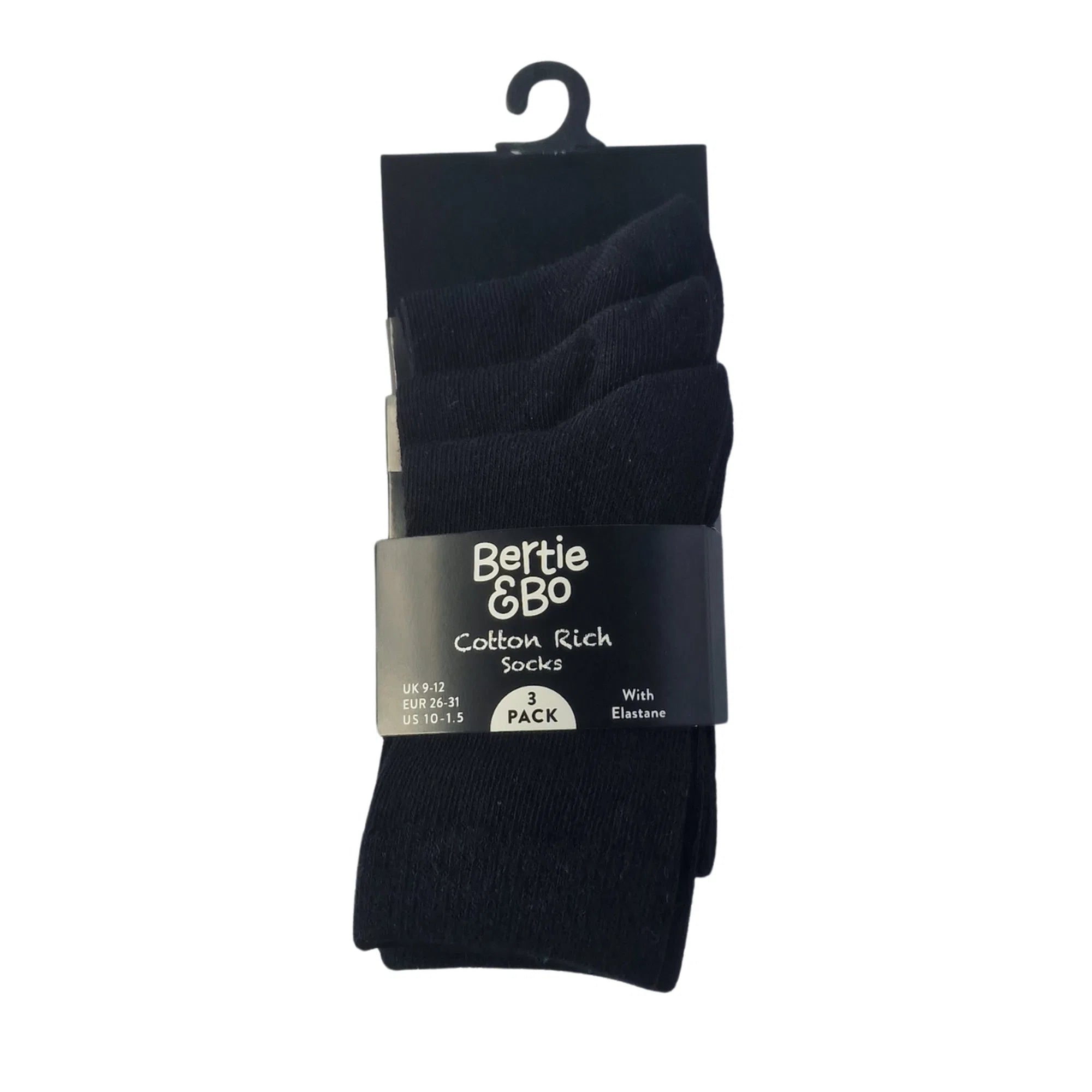 Kids' black crew school socks, cotton-rich for school uniforms, durable for active kids, 3-pack