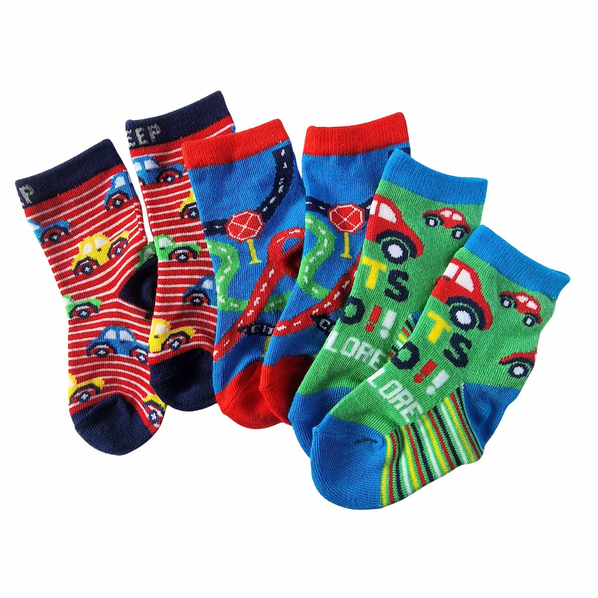 Set of colourful children's socks with car designs on a white background