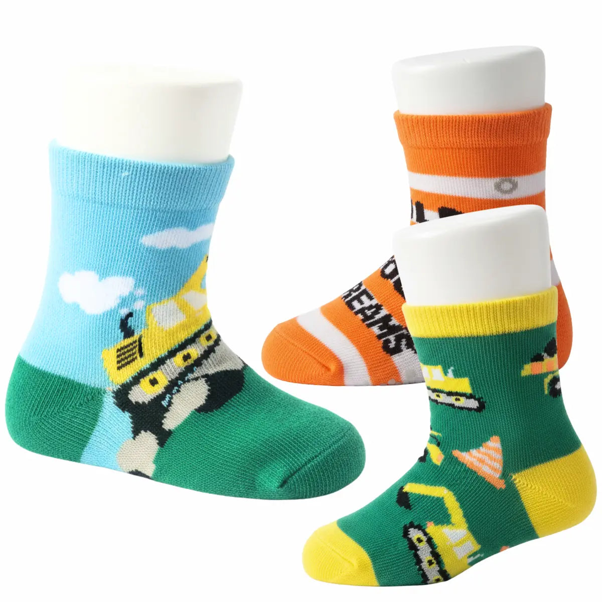 Set of 3 children's socks with vehicle designs on a white background