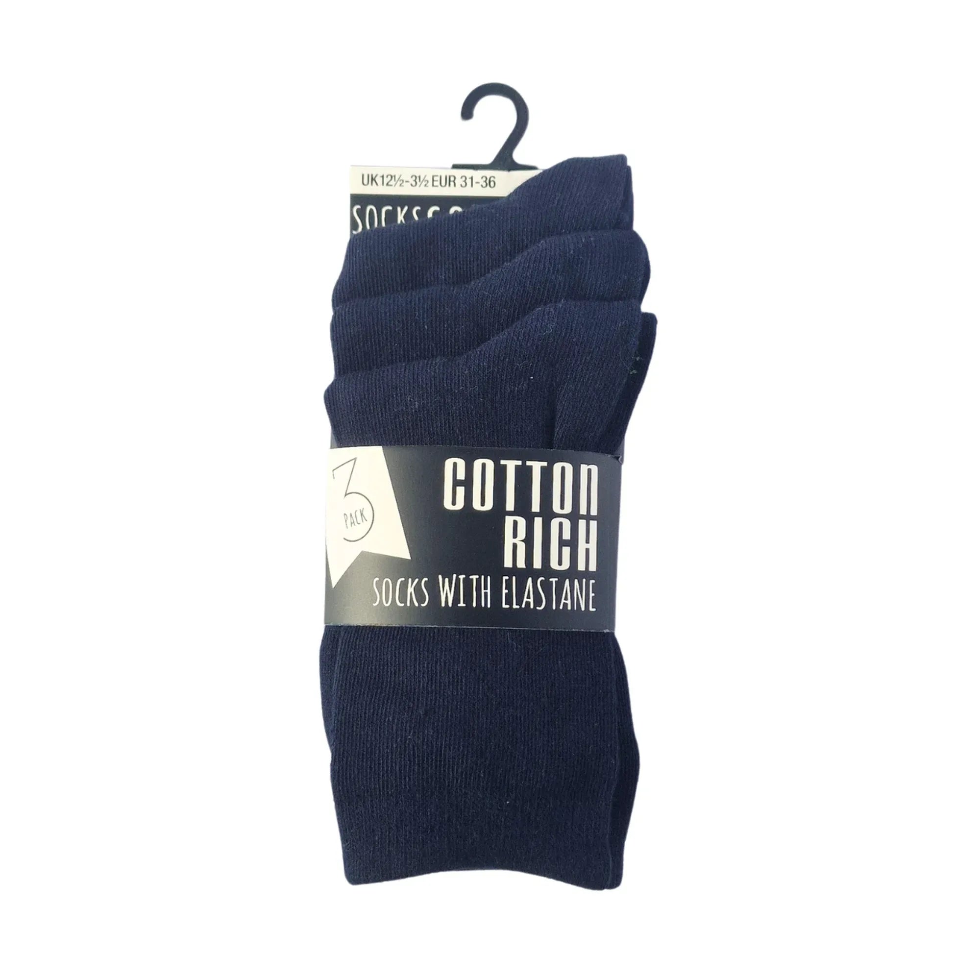 Kids' navy crew school socks, cotton-rich for school uniforms, 3-pack
