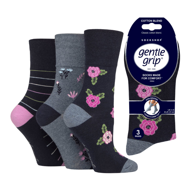 Ladies' comfort grip cotton socks with opulent blossom pattern, everyday comfort, 3-pack