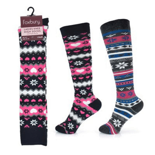 Ladies' winter fairisle knee high socks in pink, black and white with Nordic snowflake and geometric patterns