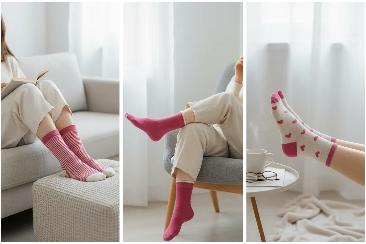 Three panels showing a person wearing pink socks in different settings.