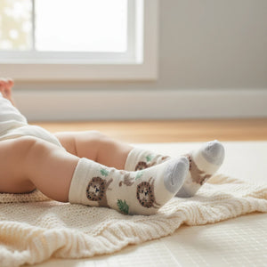 Baby's feet wearing socks with animal patterns on a soft surface.