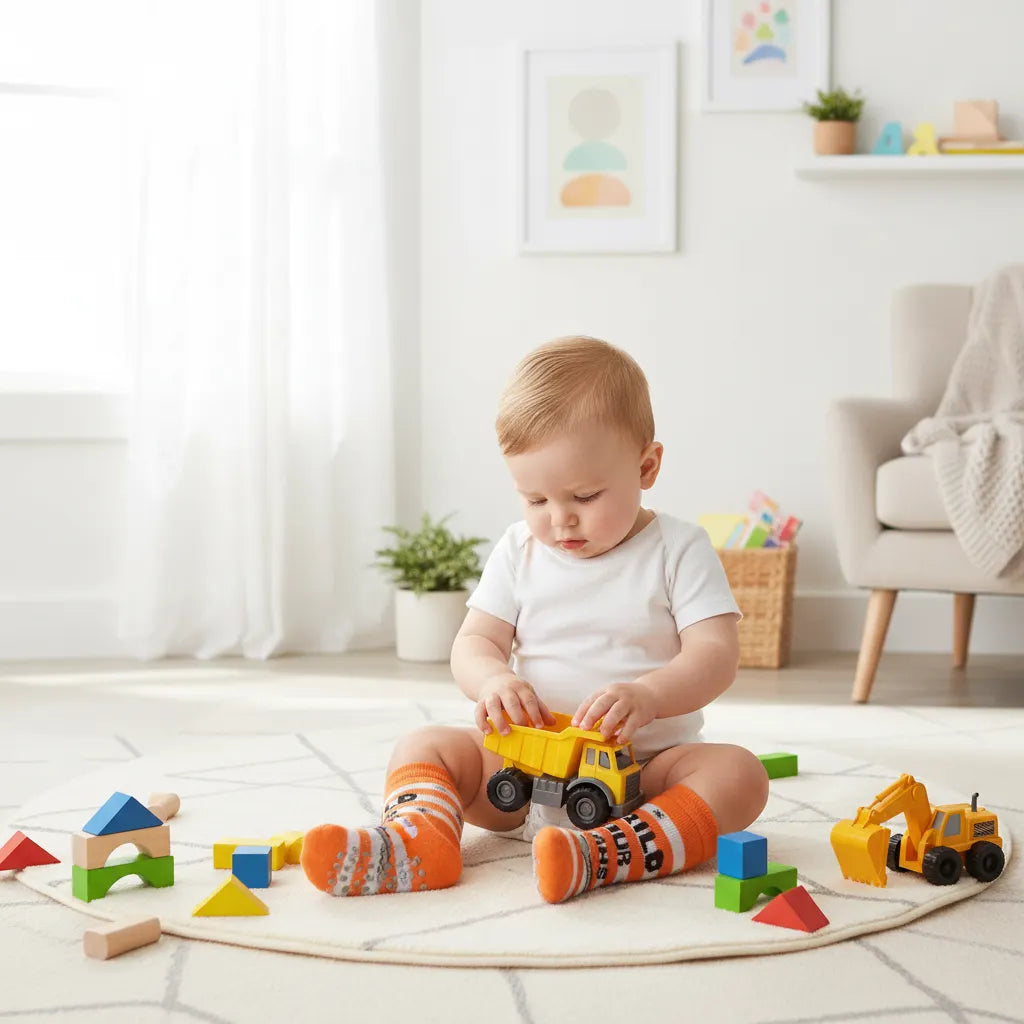 Baby wearing orange build your dreams socks playing with a yellow dumper truck on a rug in a bright room