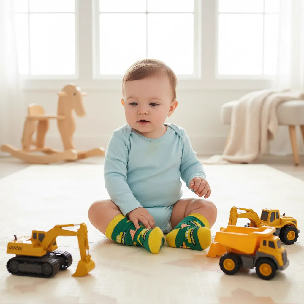 Baby sitting on a light-coloured floor with toy construction vehicles and colourful green and yellow digger socks.