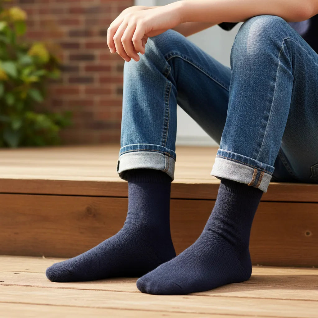 Person wearing navy boot socks and rolled-up jeans sitting on a wooden bench.