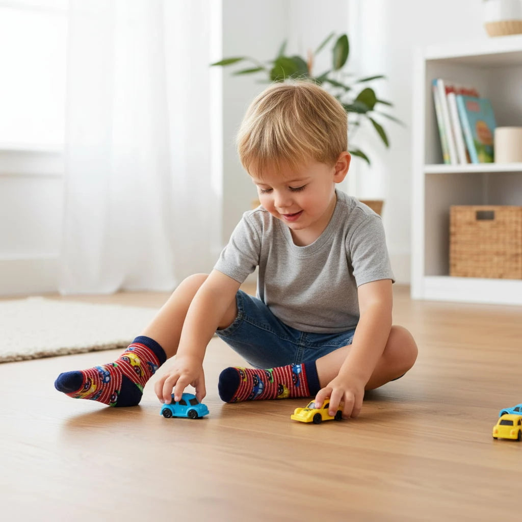 Child wearing striped car socks playing with toy cars on a wooden floor in a bright room.