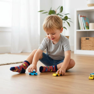 Child wearing striped car socks playing with toy cars on a wooden floor in a bright room.