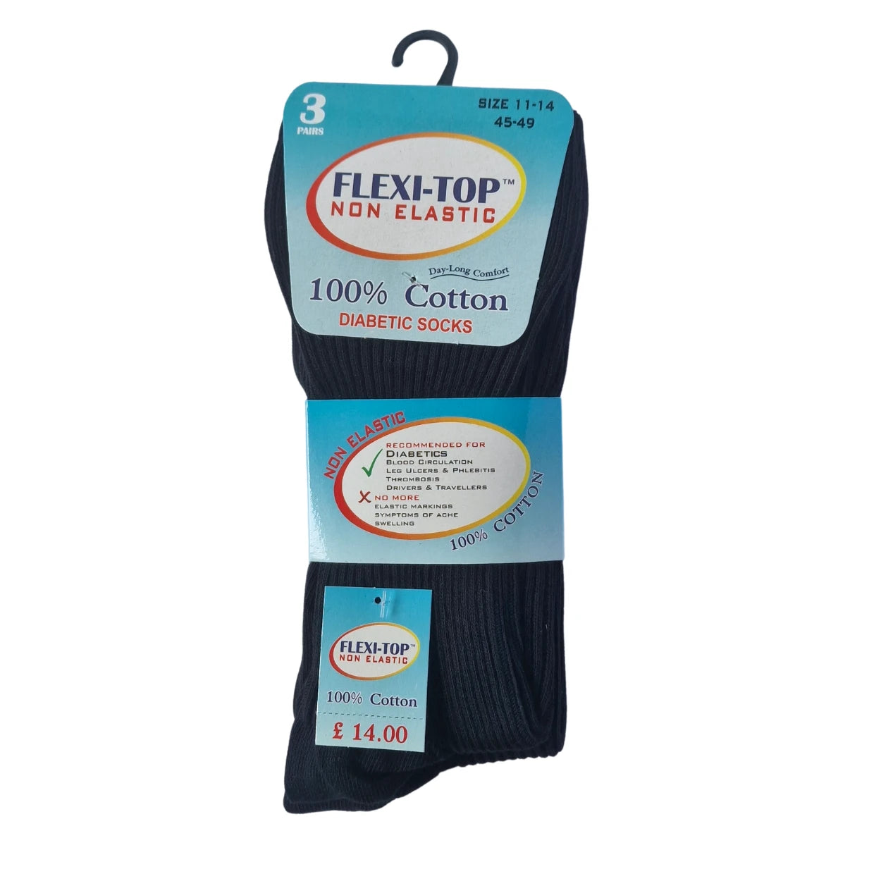 Men's big foot diabetic socks in black with non-elastic top, UK sizes 11-14, 3-pack