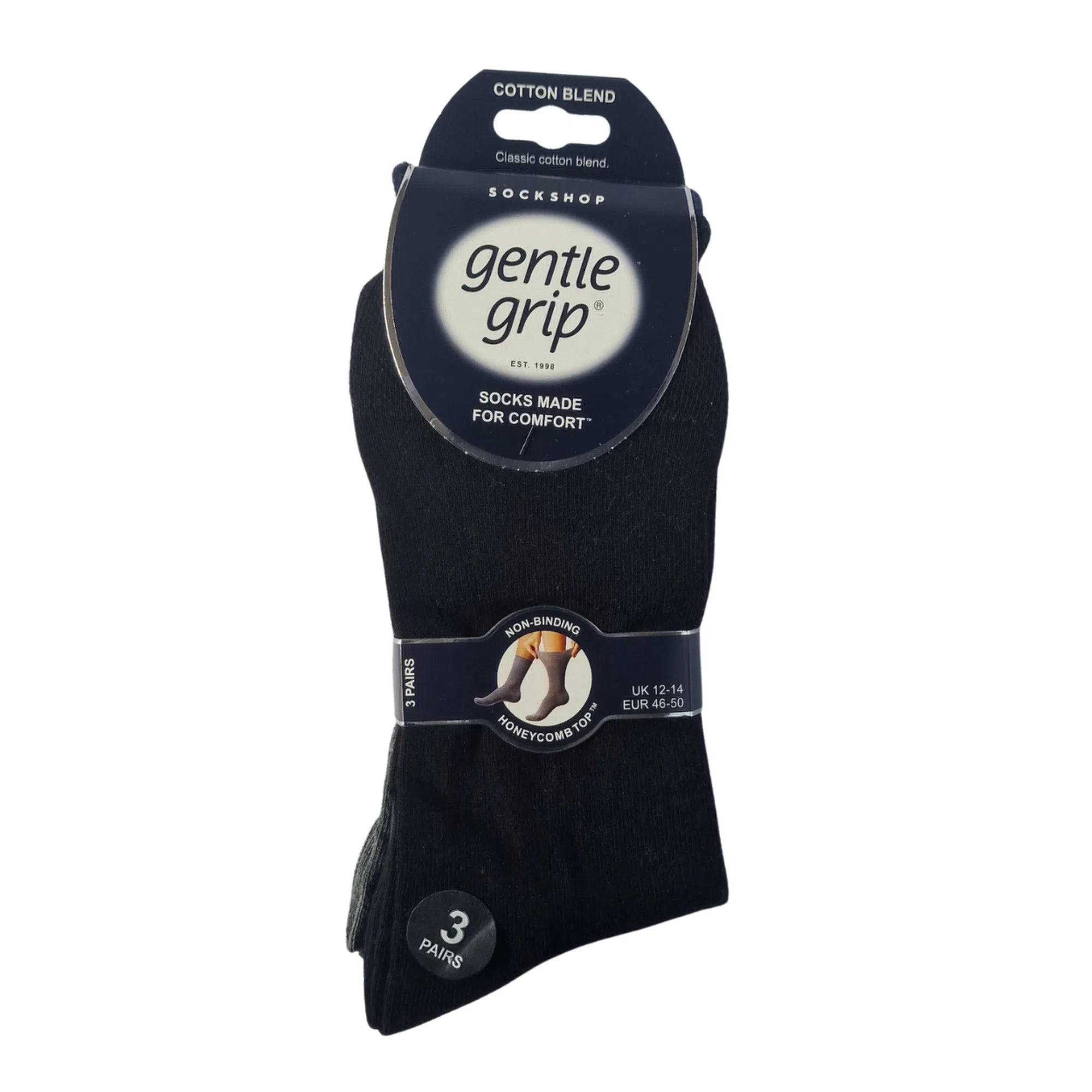 Men's big foot gentle grip socks in dark colours (grey, black, navy), non-restrictive top for sensitive legs, UK sizes 12-14