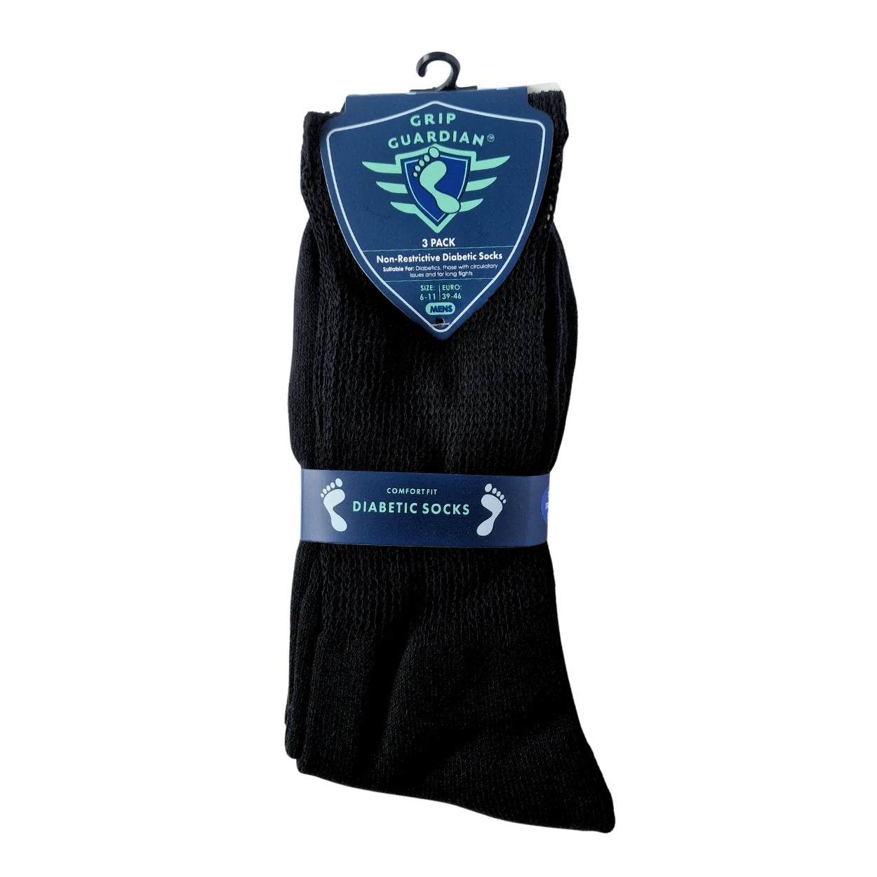Men's diabetic black comfort socks with non-elastic top, pressure-free for sensitive legs, 3-pack