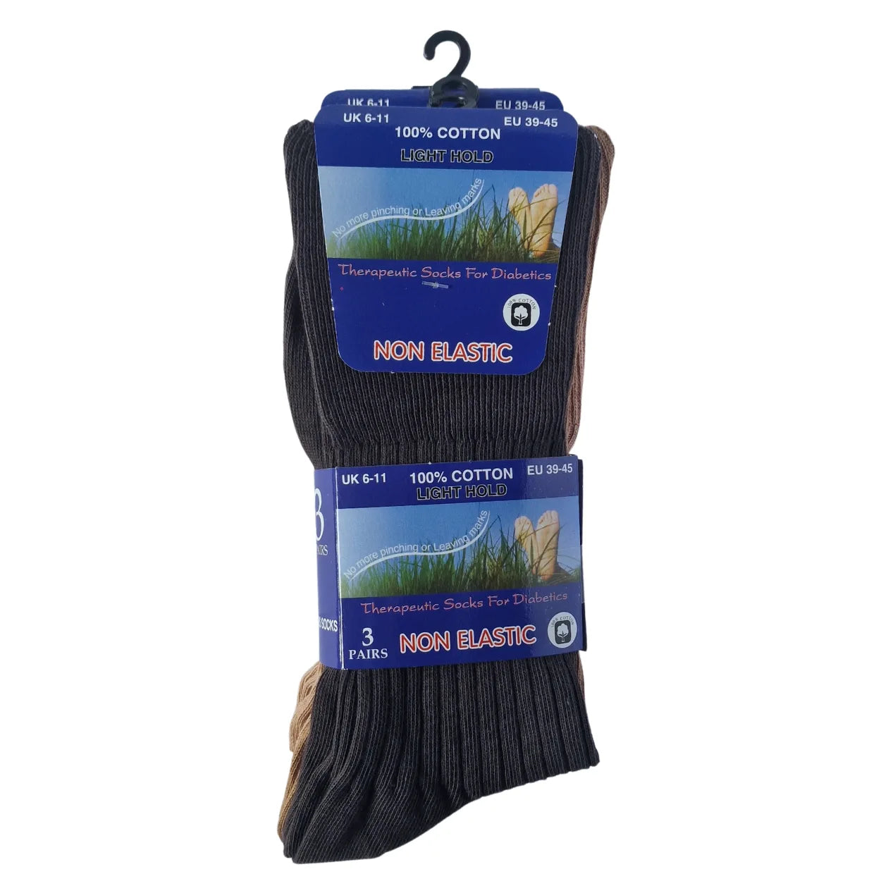 Men's diabetic cotton comfort socks in two colour sets, non-elastic 100% cotton for sensitive legs