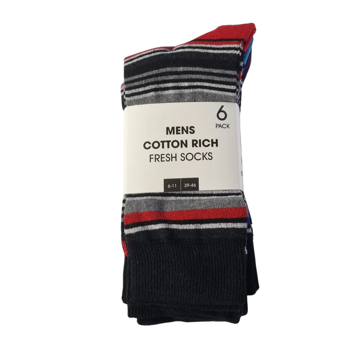 Men's cotton-rich socks with colourful stripe design, everyday comfort, 6-pack