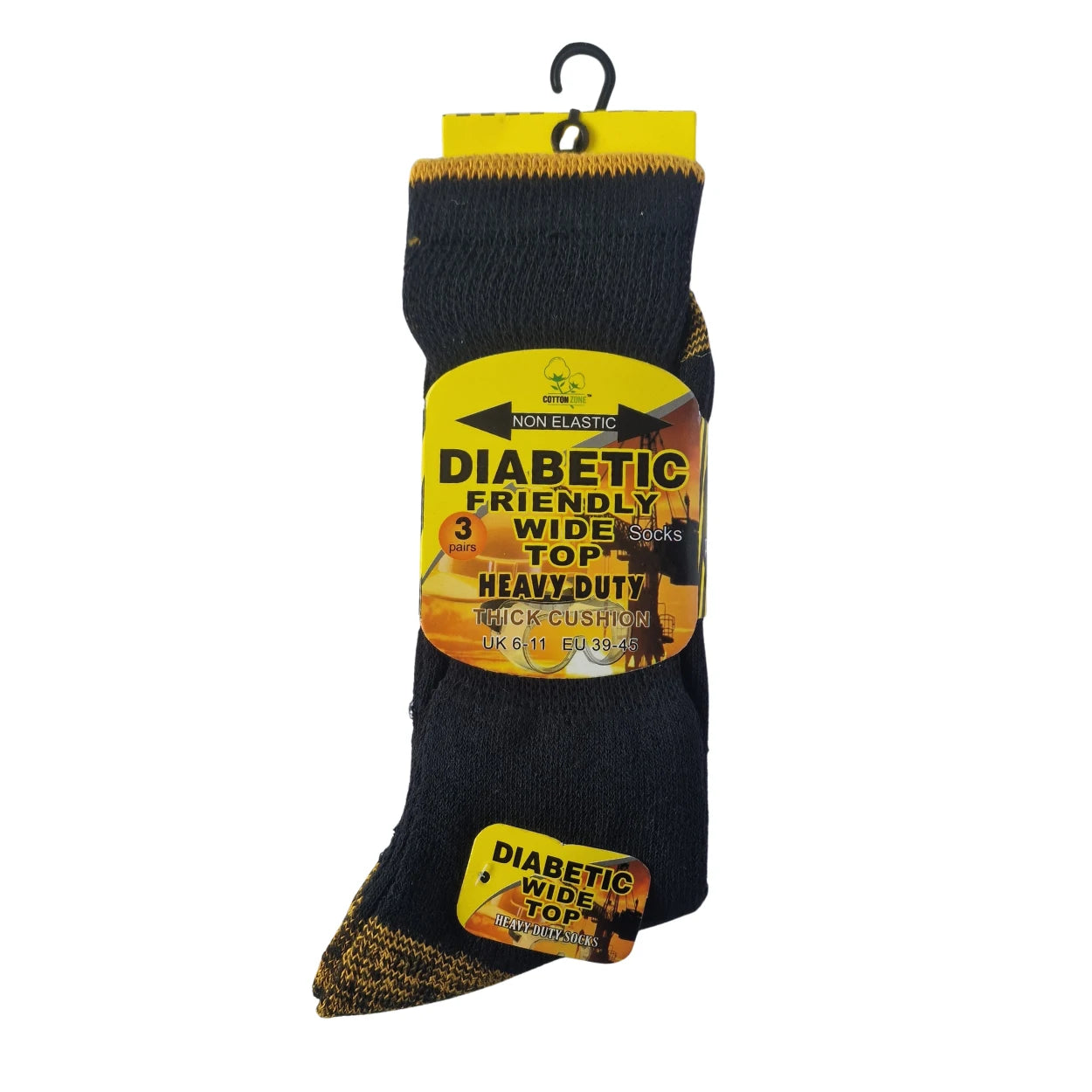 Men's cushion work socks with non-elastic wide top, black with yellow heel, toe and top accents, diabetic-friendly design for long shifts