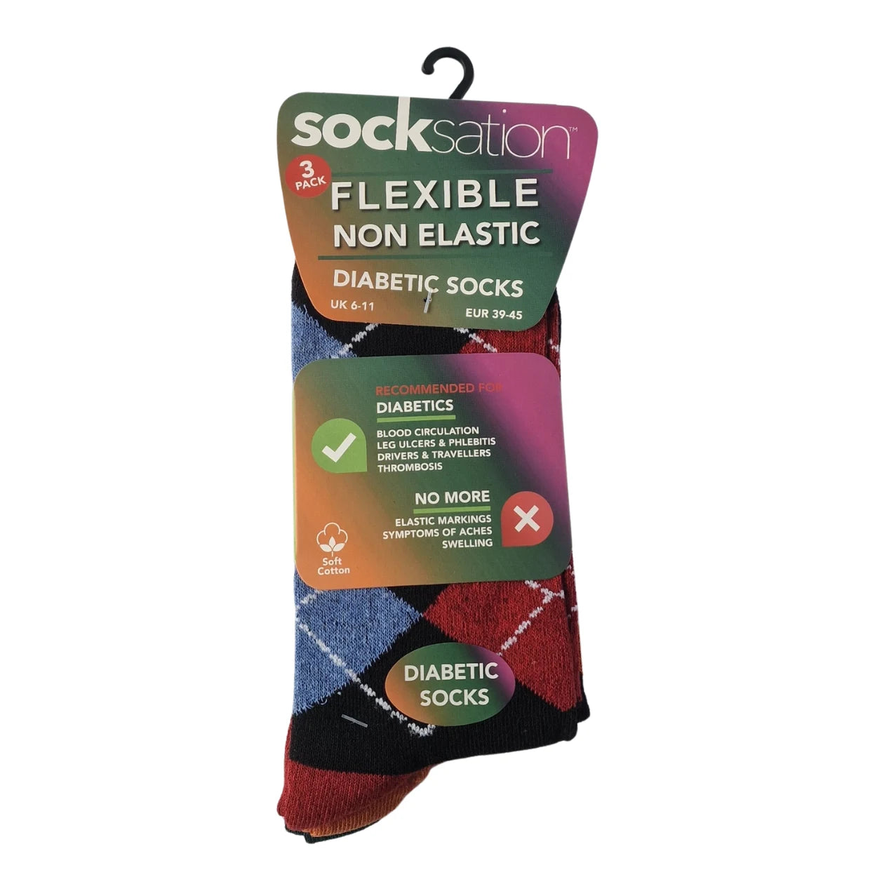 Men's diabetic flexi-top socks with argyle pattern, gentle non-binding top