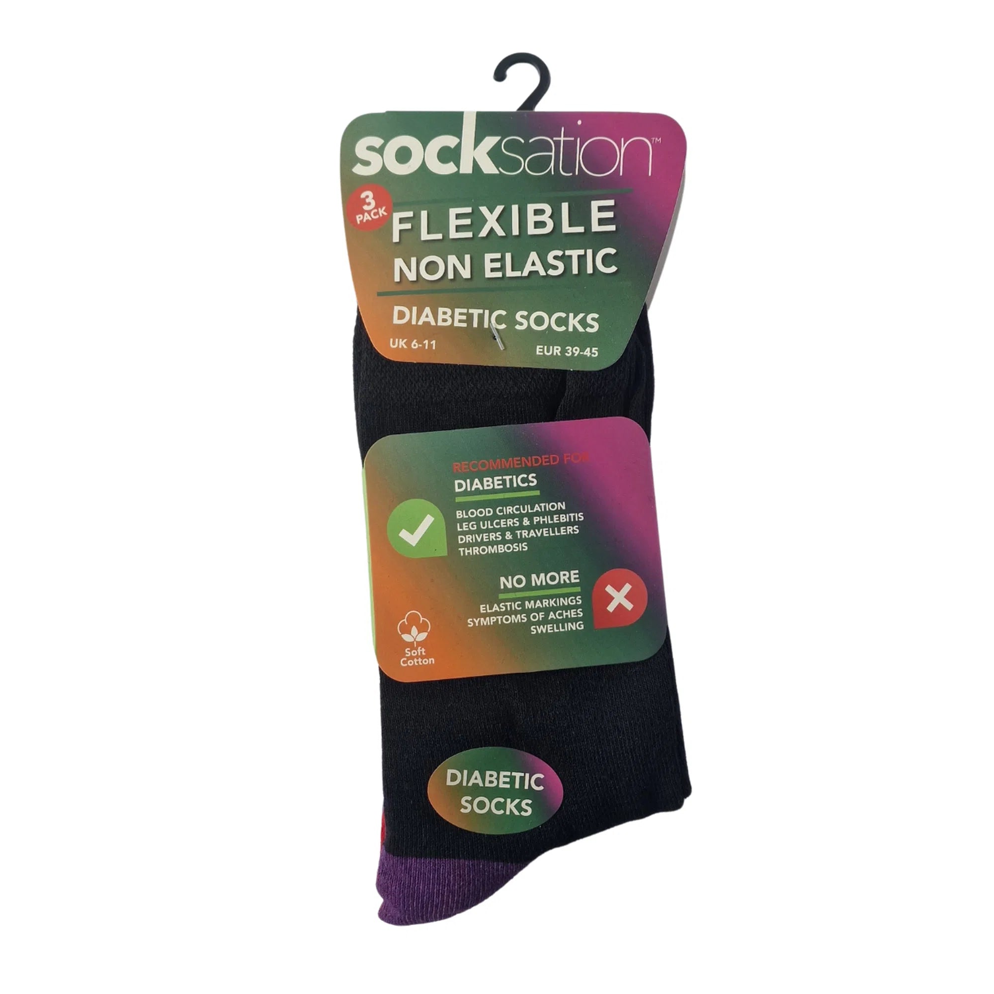 Men's diabetic flexi-top socks in dark colours, gentle 100% cotton for sensitive legs, 3-pack