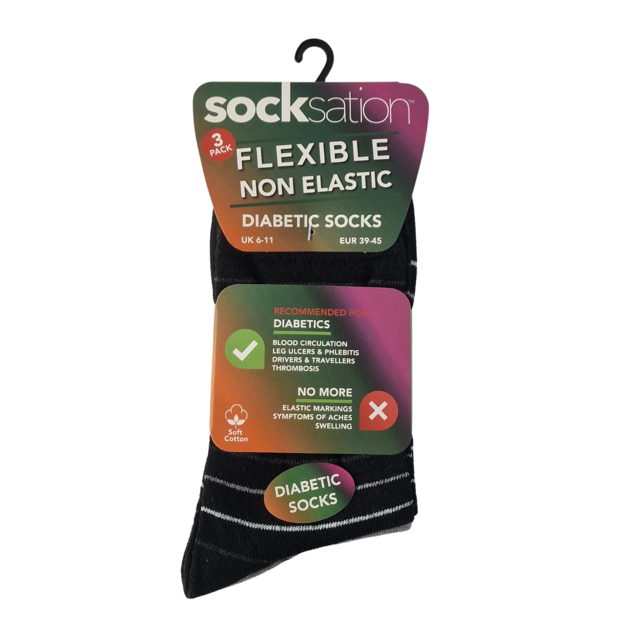 Men's diabetic flexi-top socks with grey stripe pattern, gentle non-binding top, 100% cotton