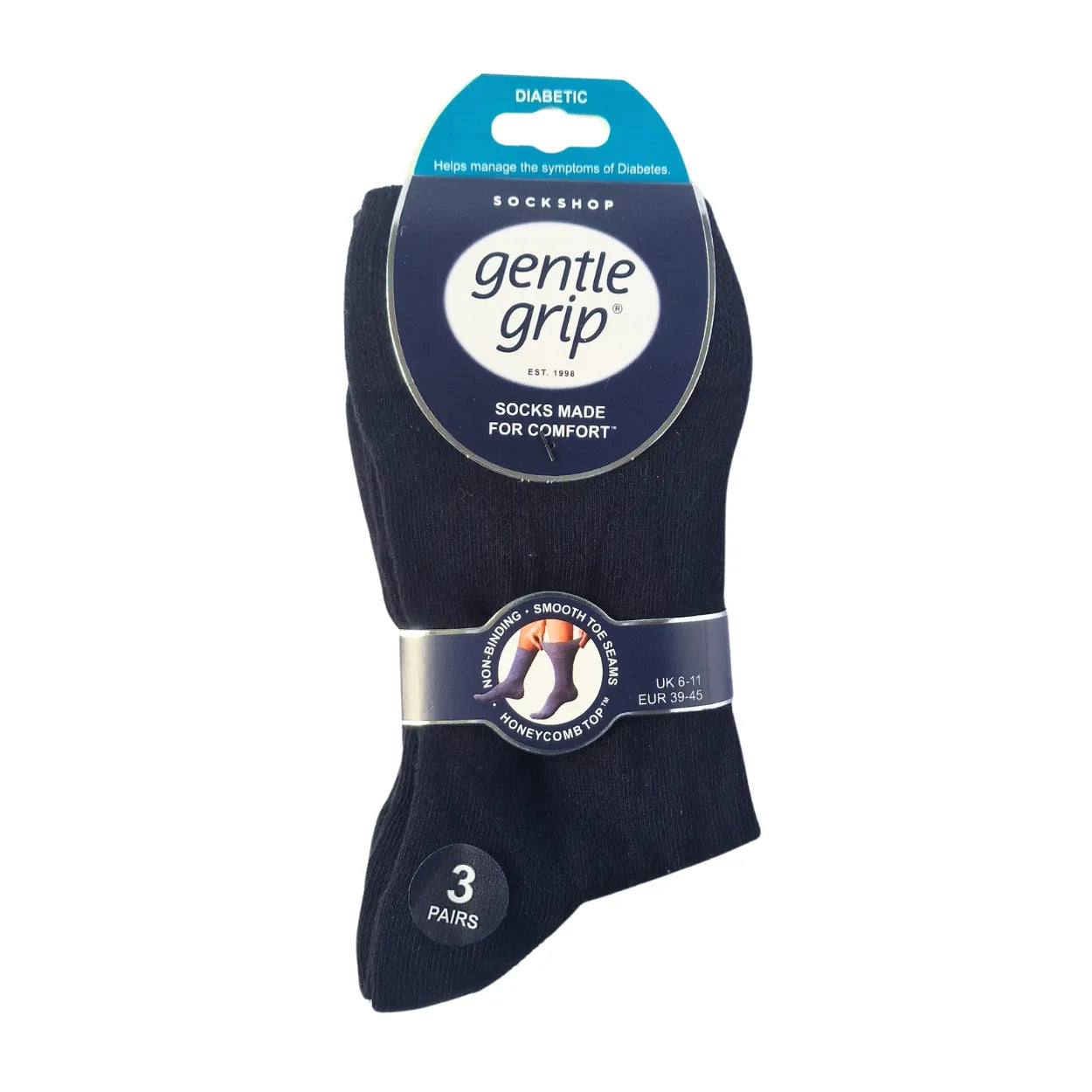 Men's diabetic gentle grip socks in black, non-restrictive top for sensitive legs, 3 pairs