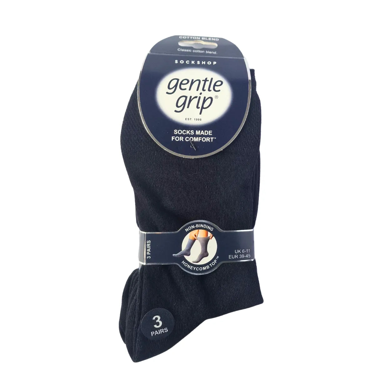Men's gentle grip socks in black, non-restrictive top for sensitive legs and circulation concerns, 3-pack
