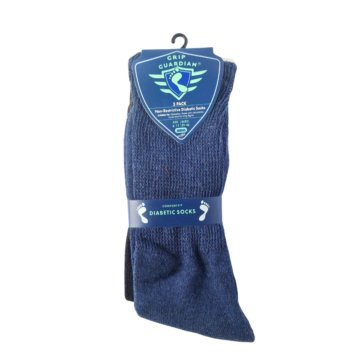 Men's diabetic navy comfort socks with assorted patterns, non-elastic top for circulation concerns, 3-pack