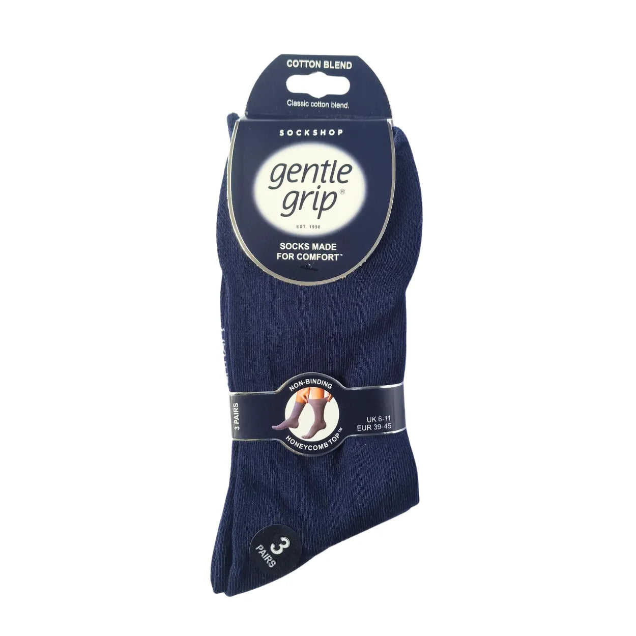 Men's gentle grip socks in navy, pressure-free comfort for sensitive legs, 3 pairs
