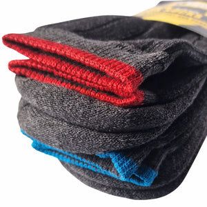 Grey mens work socks with red and blue accents folded on a white background