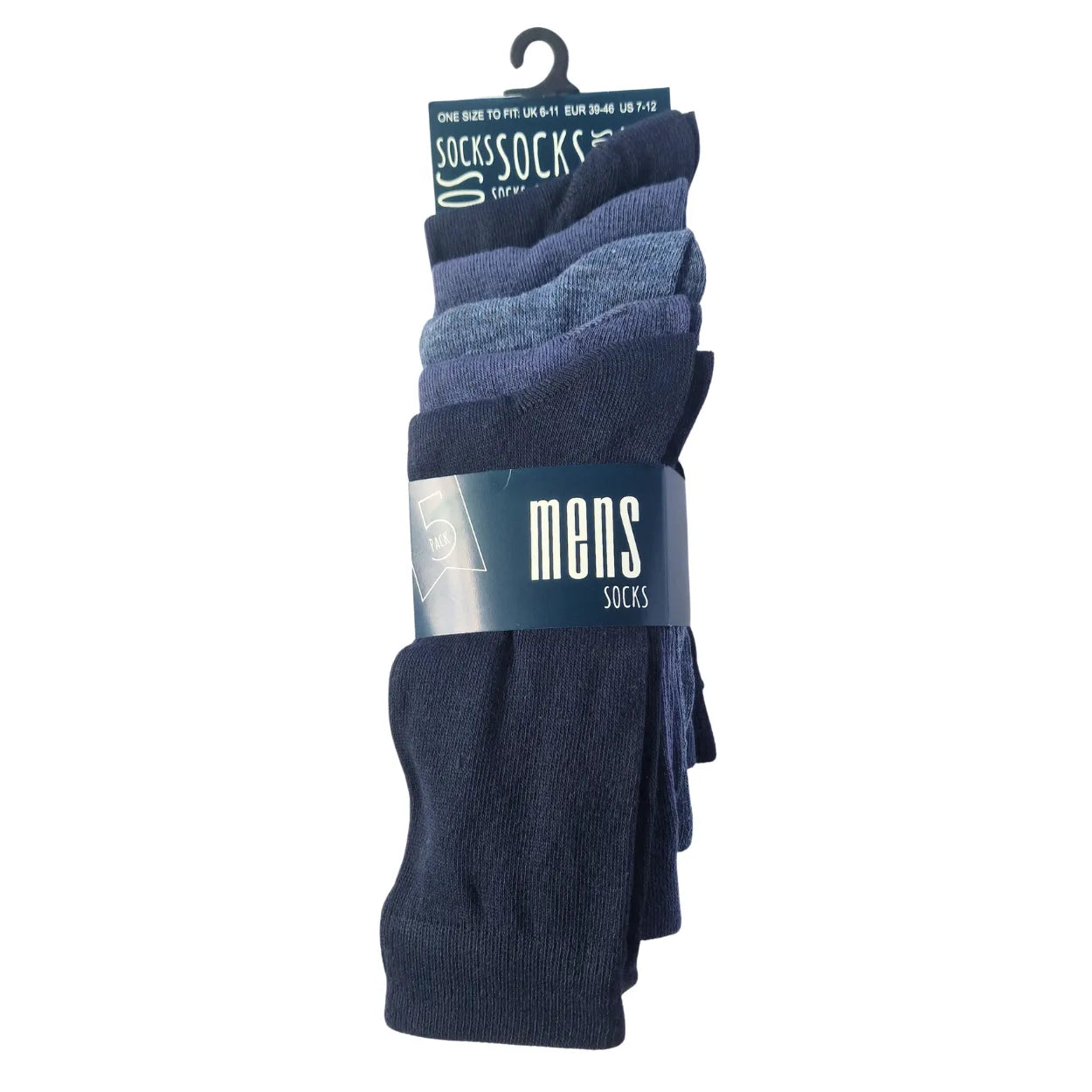 Pack of men's blue and navy blue socks in a 5 pack on a white background
