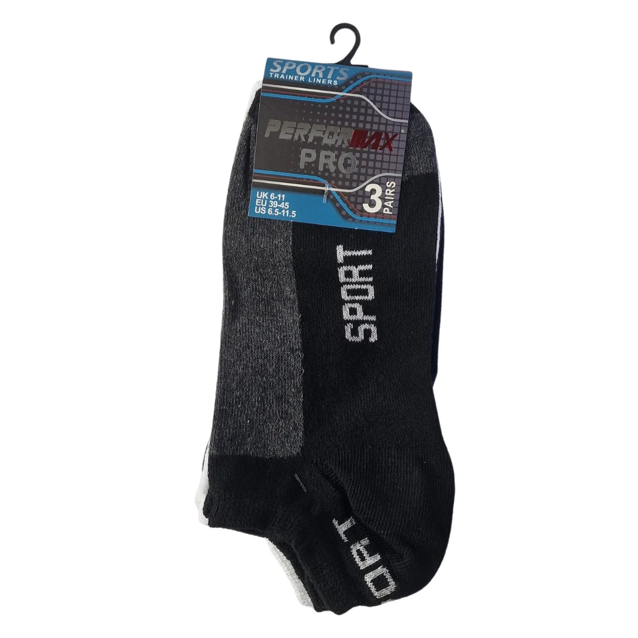 Men's performance trainer socks in five colours (blue, black, grey, white, light grey), breathable cotton blend, 3-pack