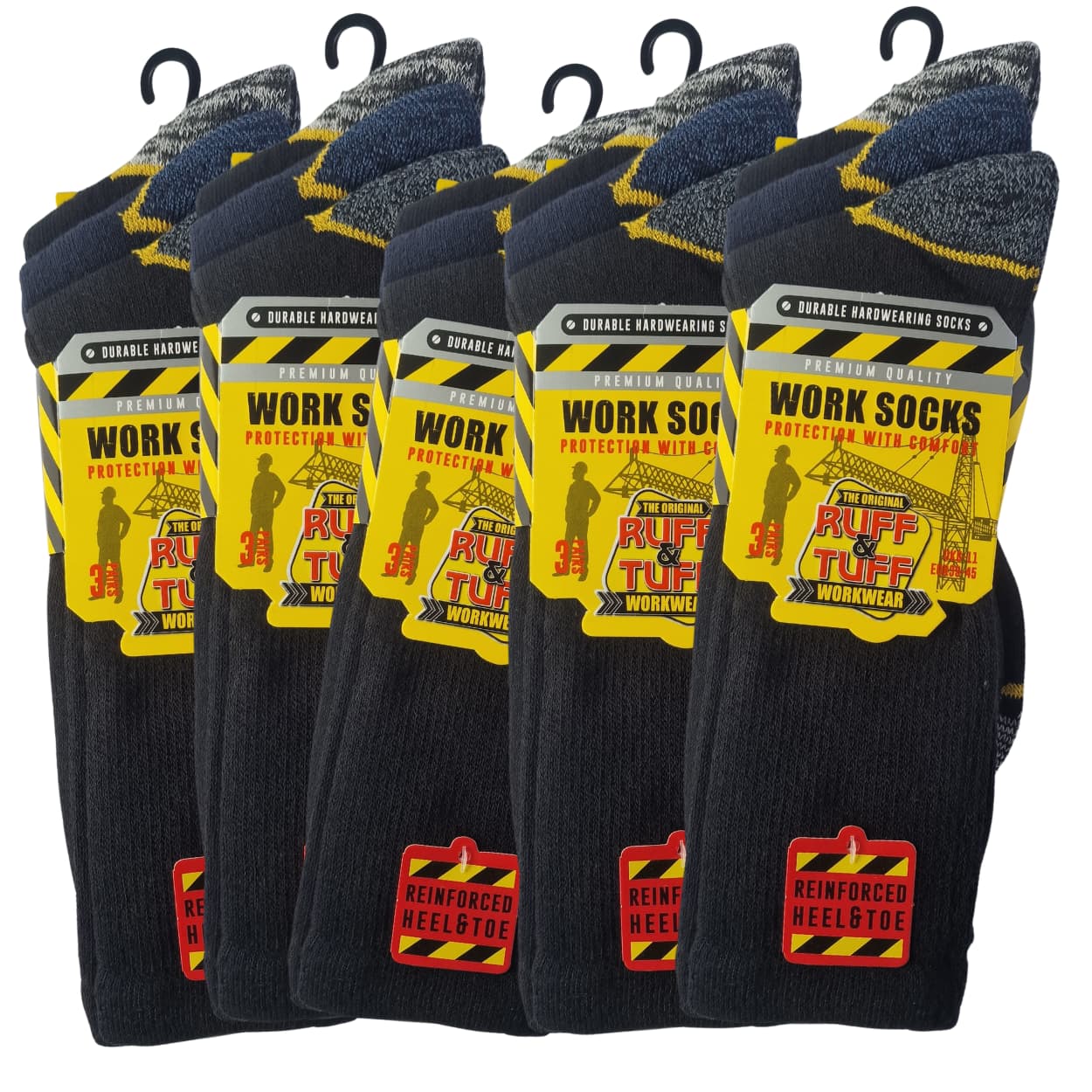 Multiple 15 pairs of work socks with visible branding on a white background