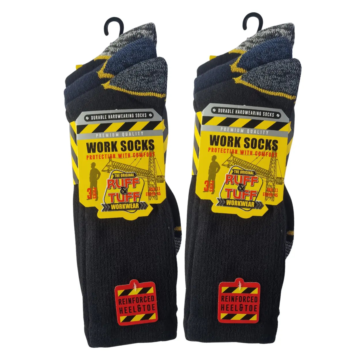 6 Pair of black work socks with yellow and red labels on a white background