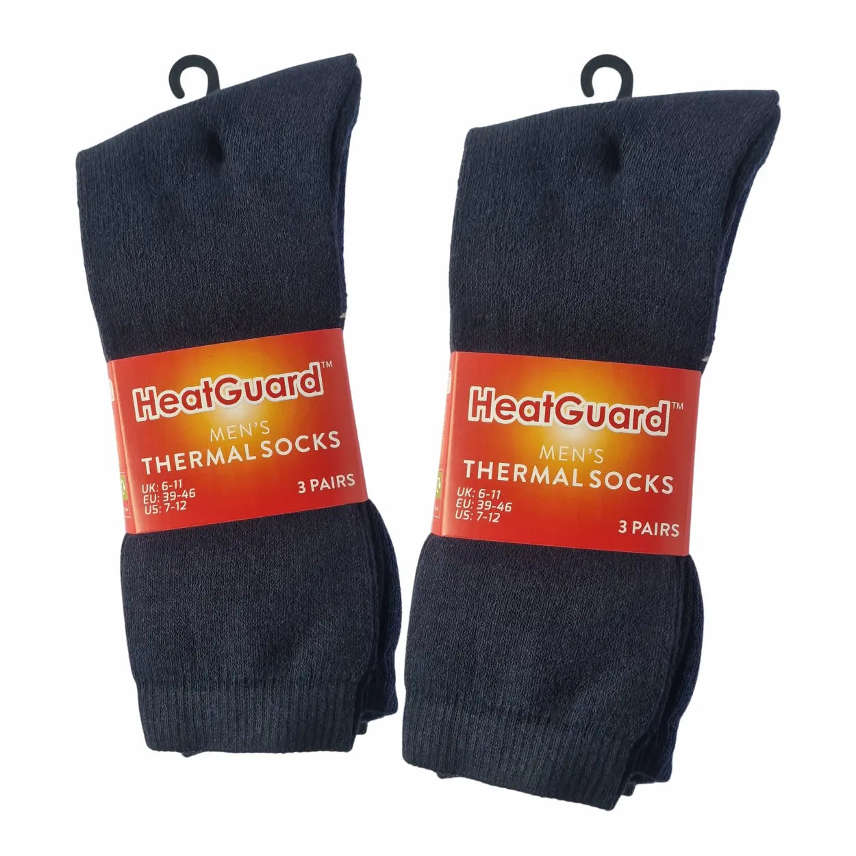 Two packs of HeatGuard men's thermal socks on a white background