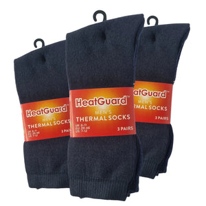 Three packs o 3 of HeatGuard men's thermal socks in packaging on a white background
