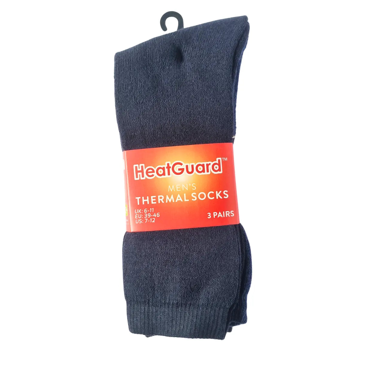 Pack of three pairs of HeatGuard men's thermal socks on a white background