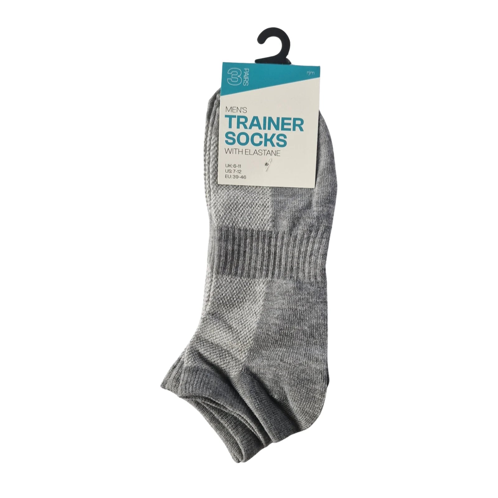 Men's grey trainer socks, breathable elastane blend for active wear, 3-pack