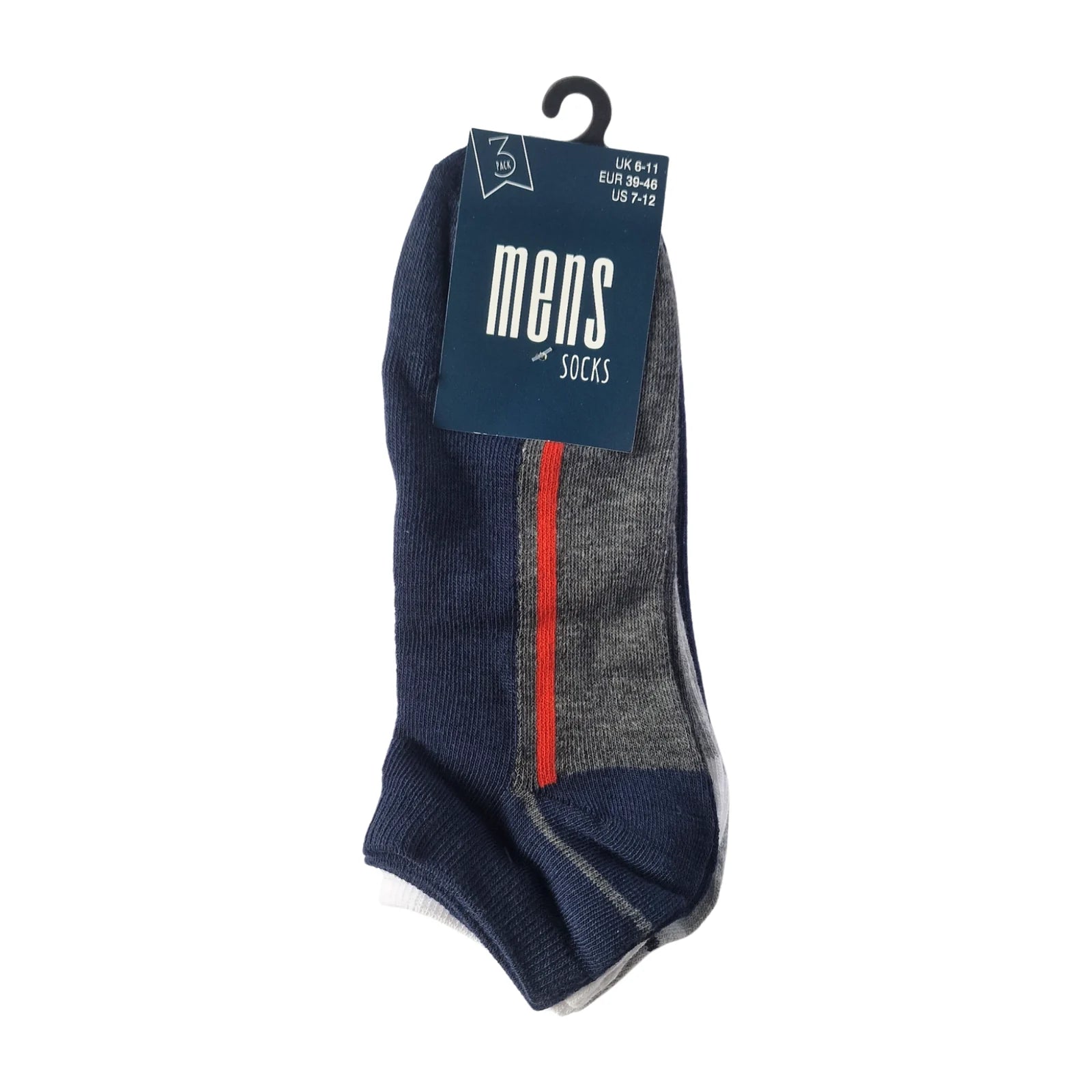 Men's breathable trainer socks in three colourways (blue & light grey, white & grey, blue & dark grey), lightweight performance fabric