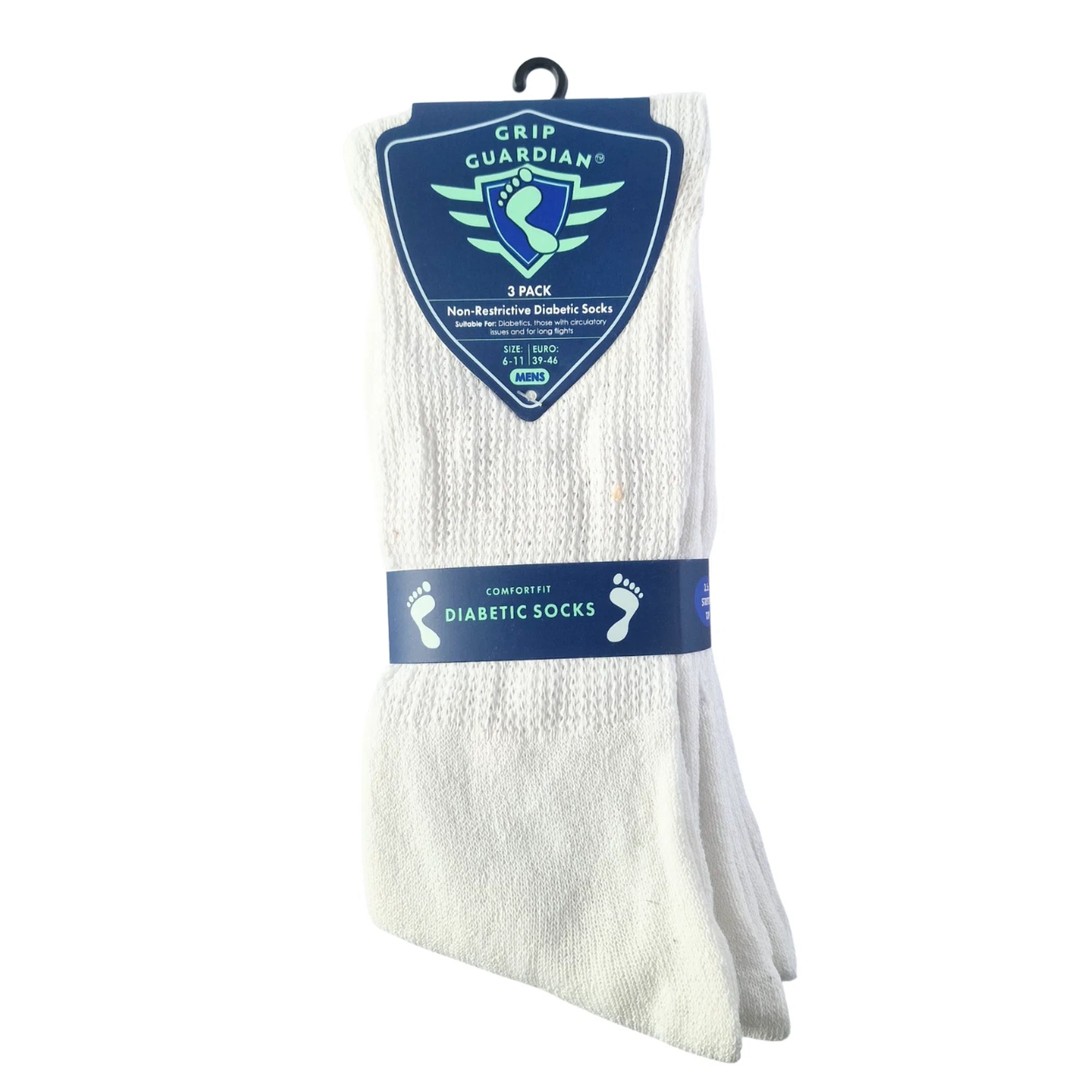 Men's diabetic white comfort socks with non-elastic top, pressure-free for sensitive legs, 3-pack