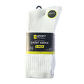 Pack of 5 pairs mens white sports socks with a label on a white background