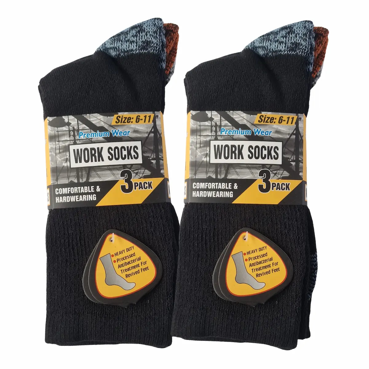 Two packages of black work socks with labels on a white background