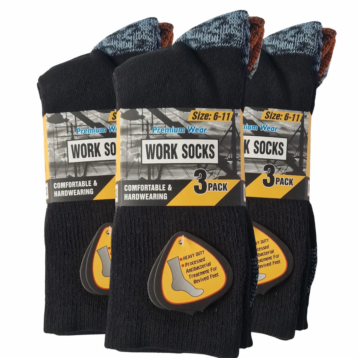 Three packages of black work socks with labels on a white background
