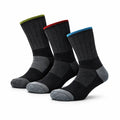 Three pairs of black and grey socks with coloor accents on a white background