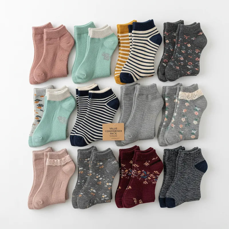 Assorted pairs of socks in various colours and patterns on a white background