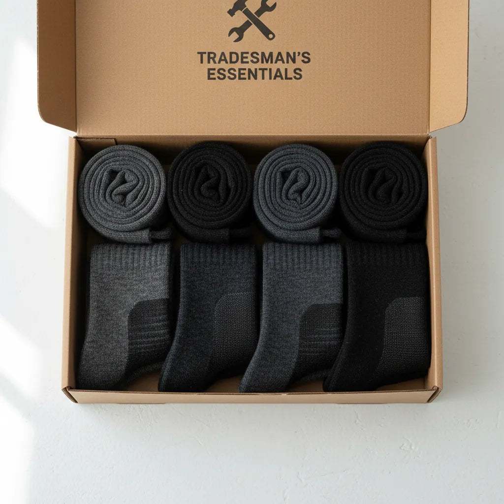 Six pairs of heavy-duty work socks in subscription box for tradespeople