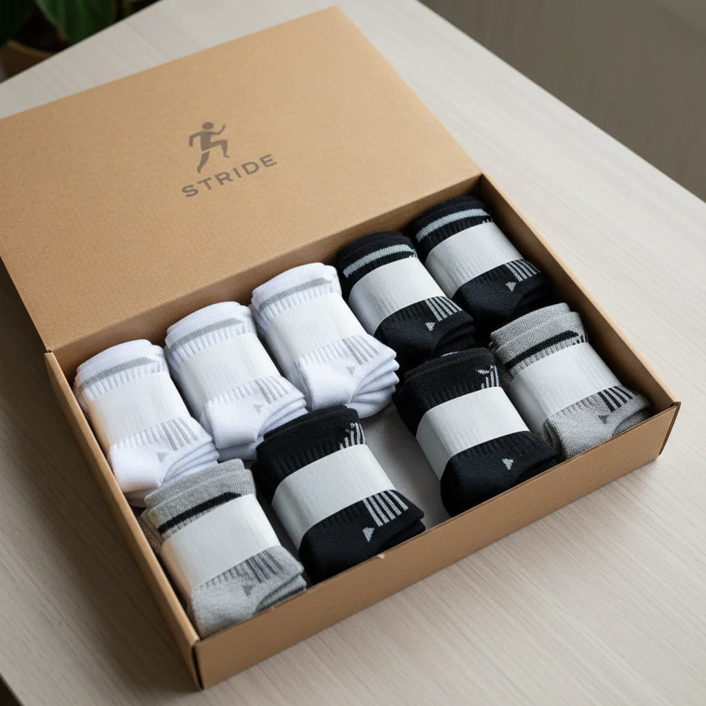 Box of white and black socks with 'Stride' branding on a light surface
