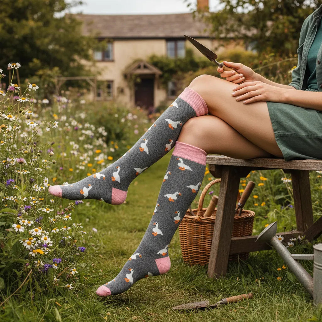 Person wearing patterned knee-high wellie socks with geese pattern sitting on a bench in a garden.