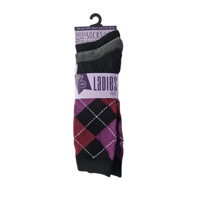 Pack of three pairs of socks with a purple argyle pattern on a white background